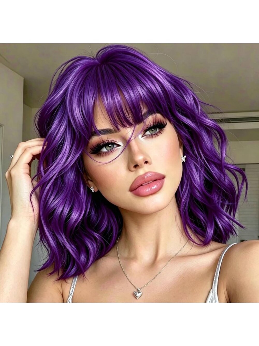 14Inch Women's Purple Short Bob Shoulder Length Wavy Synthetic Wigs With Bangs